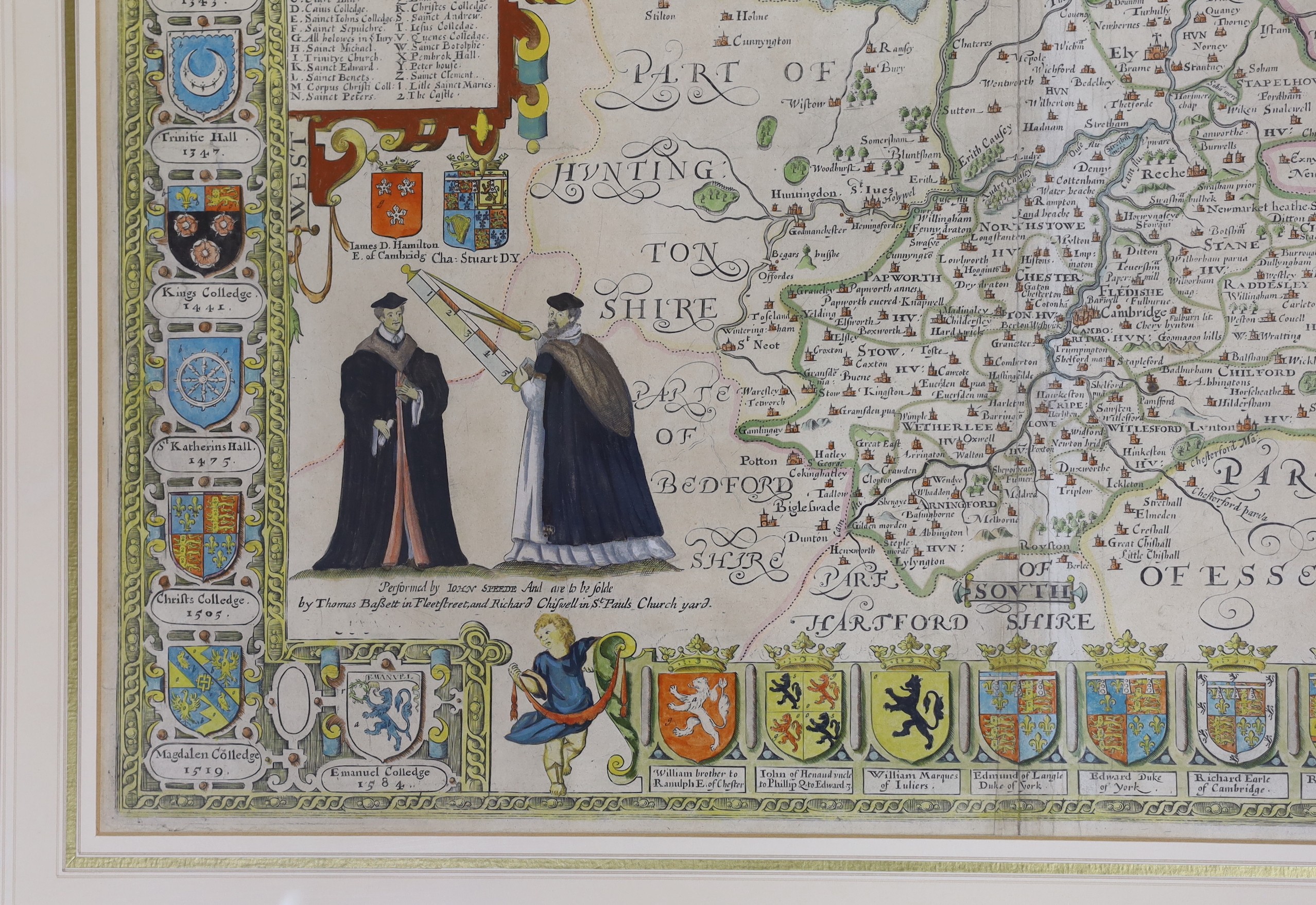 John Speede, coloured engraving, Map of Cambridgeshire, 1676 issue, English text verso, 39 x 53.5cm